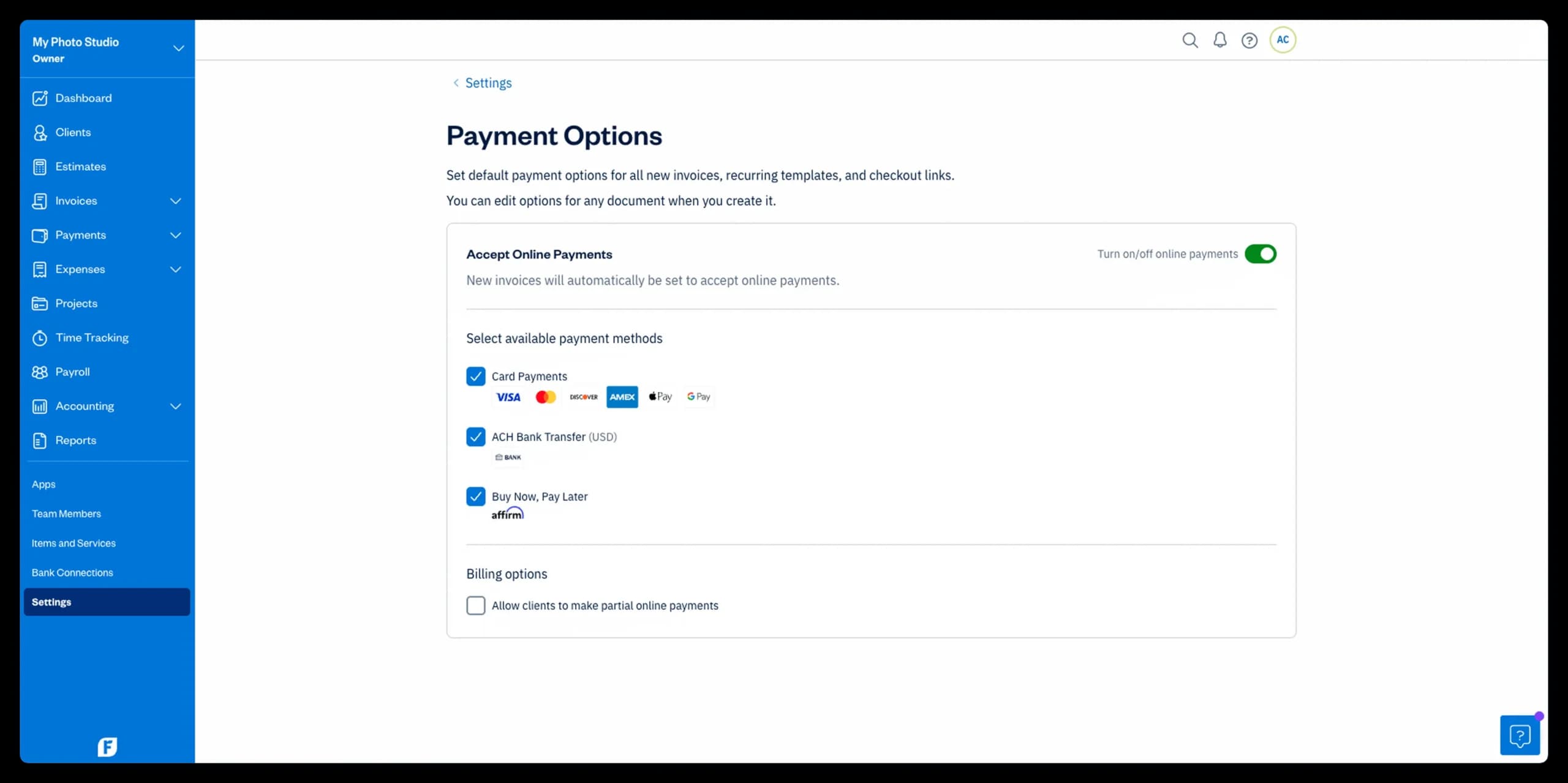 FreshBooks Payments - payment options UI screen