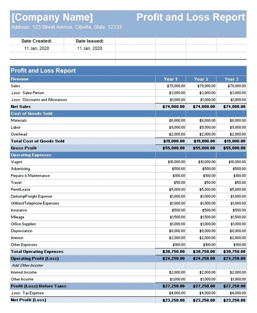 Profit and loss template